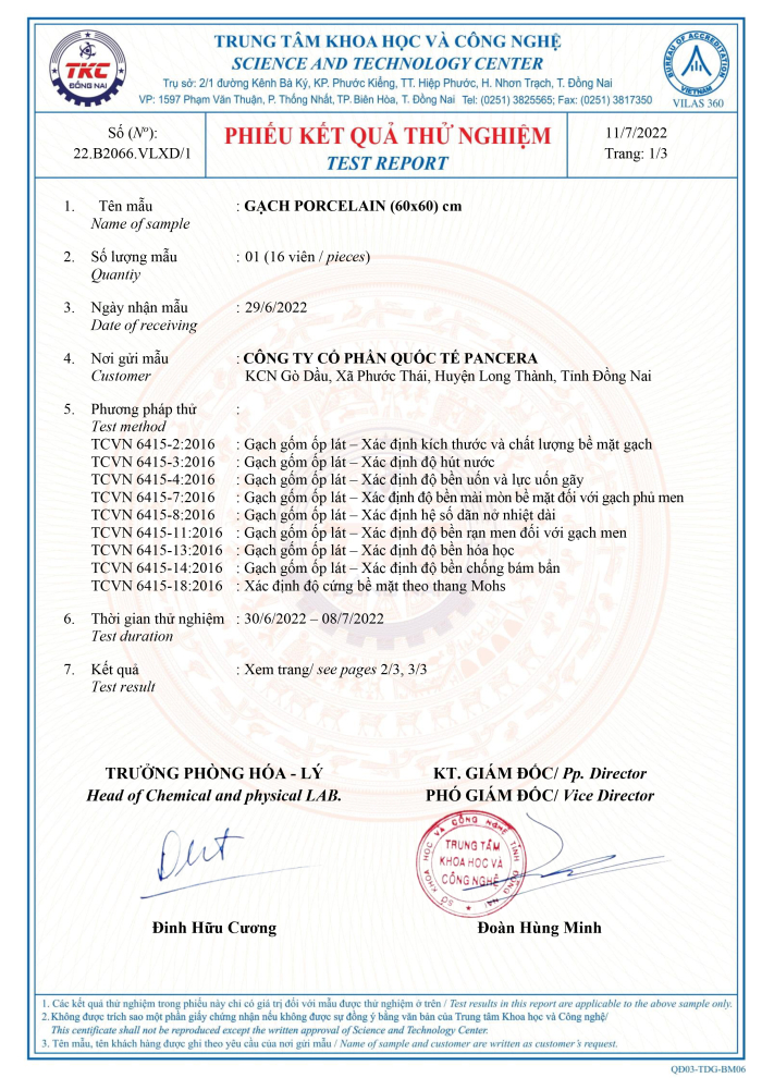 Phiếu kết quá thử nghiệm GẠCH PORCELAIN (60x60) cm