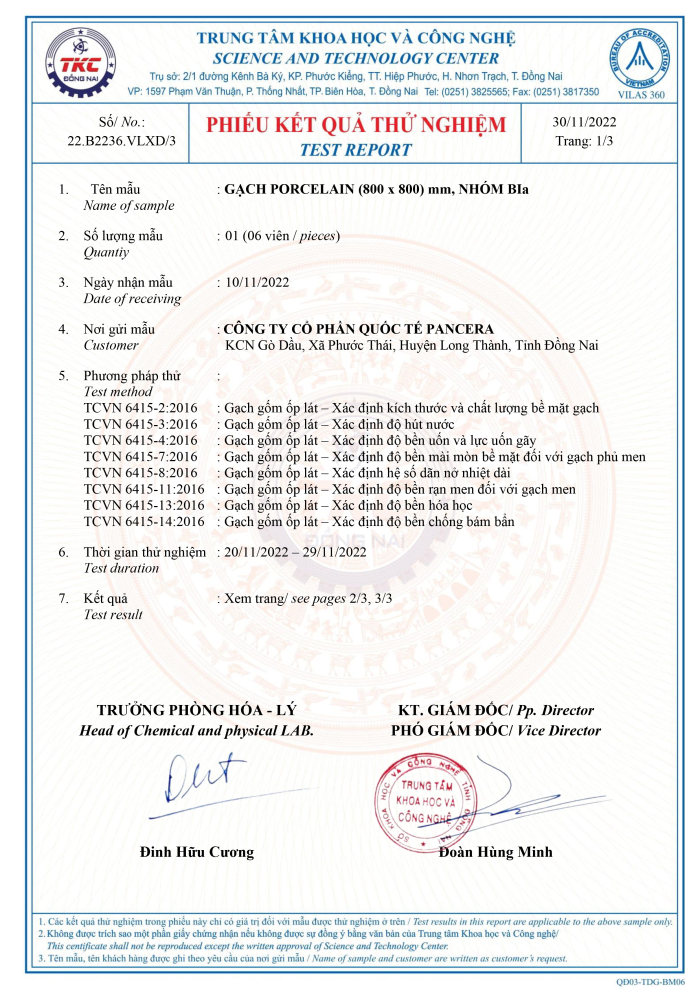 Phiếu kết quá thử nghiệm GẠCH PORCELAIN (800 x 800) mm, NHÓM BI